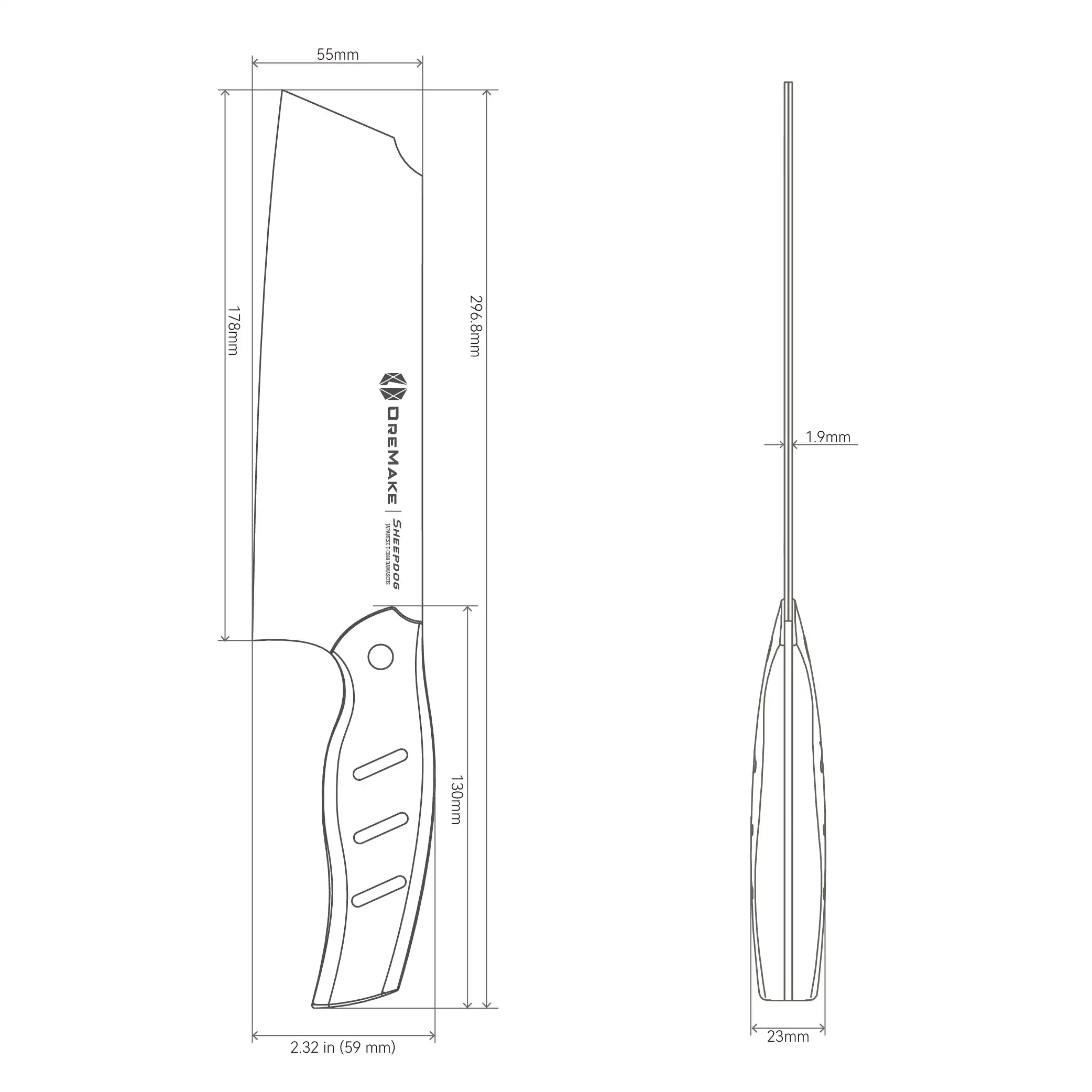 OREMAKE Nakiri Gemüsemesser aus Damaszenerstahl mit G10-griff (178mm Klingenlänge) Sheepdog